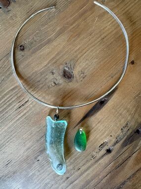 Sterling silver collar necklace with 2 beachy sea glass pendants